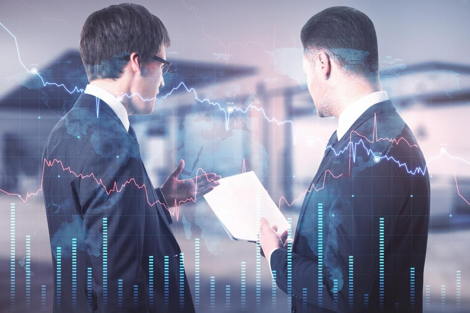 Two executives discussing cross-border financial data overlaid with global market charts